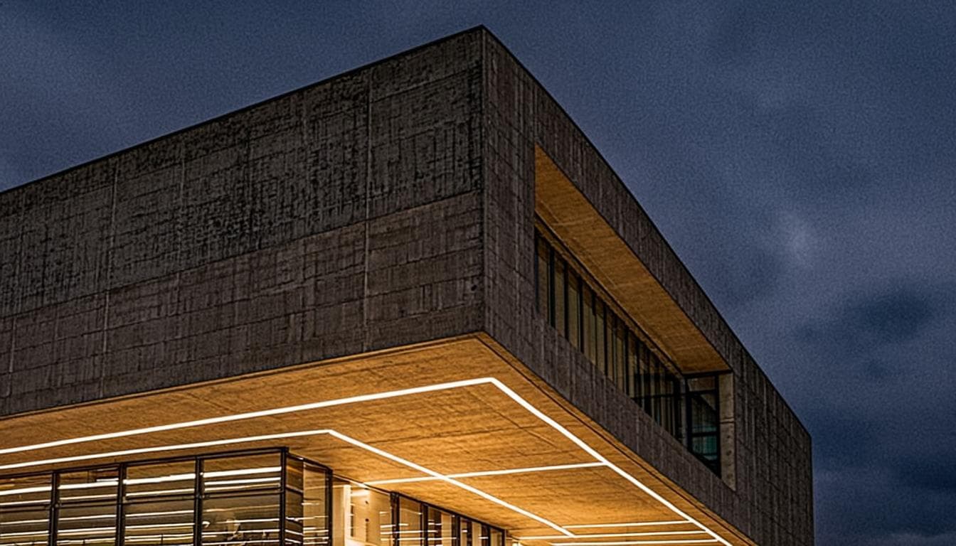 IARC cultural building at dusk — concrete and glass with warm interior light